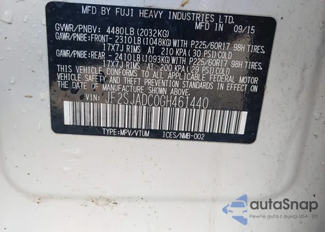 2016 Subaru Forester 2.5I Premium из США, поврежденный, VIN JF2SJADC0GH461440